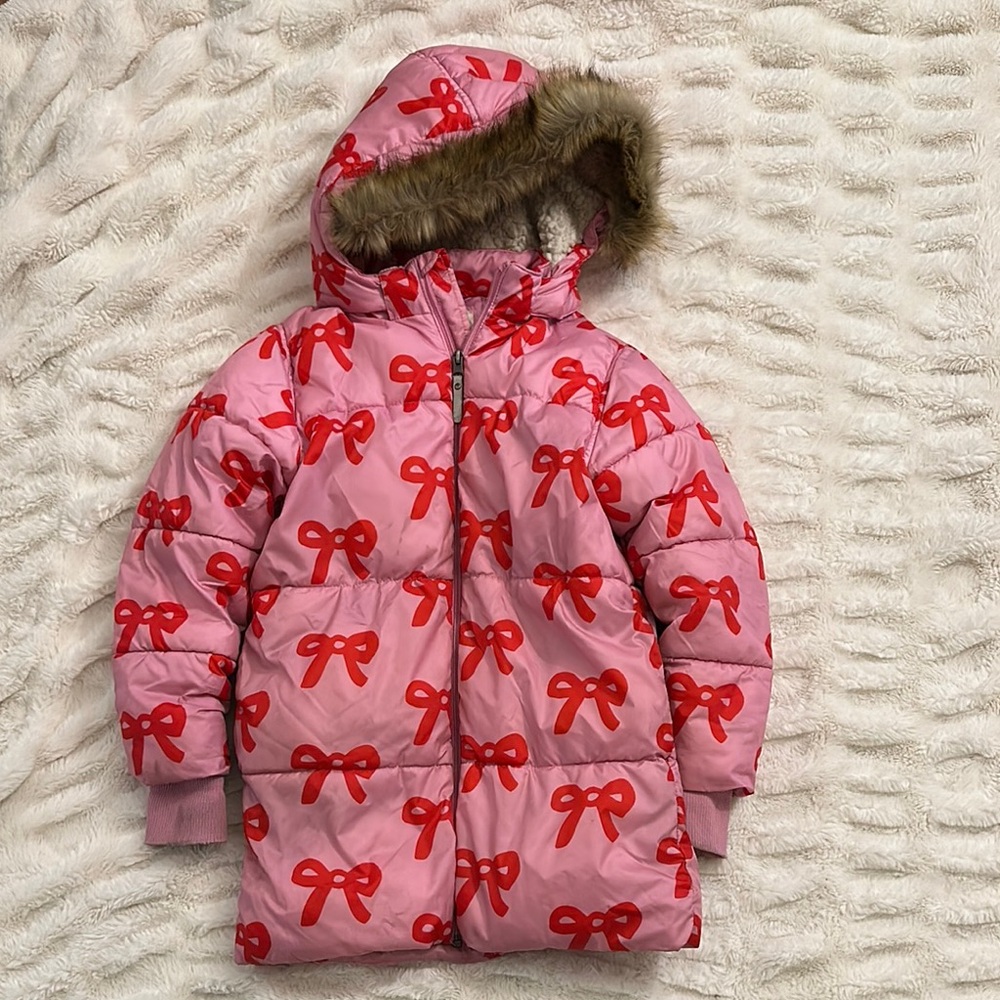 Hanna Andersson Pink Puffer Jacket with Red Bow Pattern